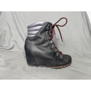 Sorel Women's Conquest Wedge Black Leather Lace-up Winter Ankle Boots Size 7